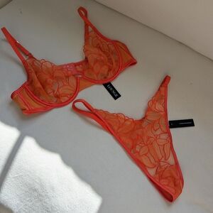 Lounge Intimates Paris Orange Floral Lace Bra and Panty Set